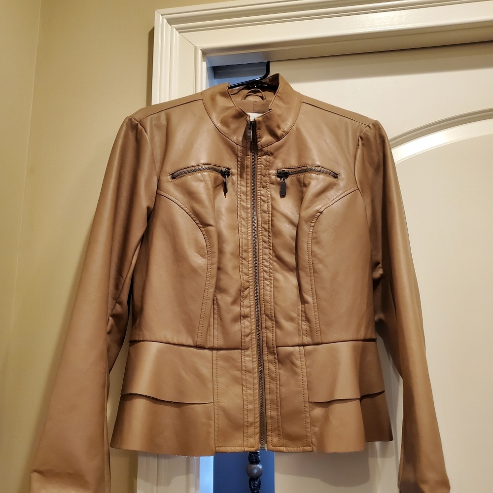 New York and Company Peplum Faux Leather Jacket CAMEL
